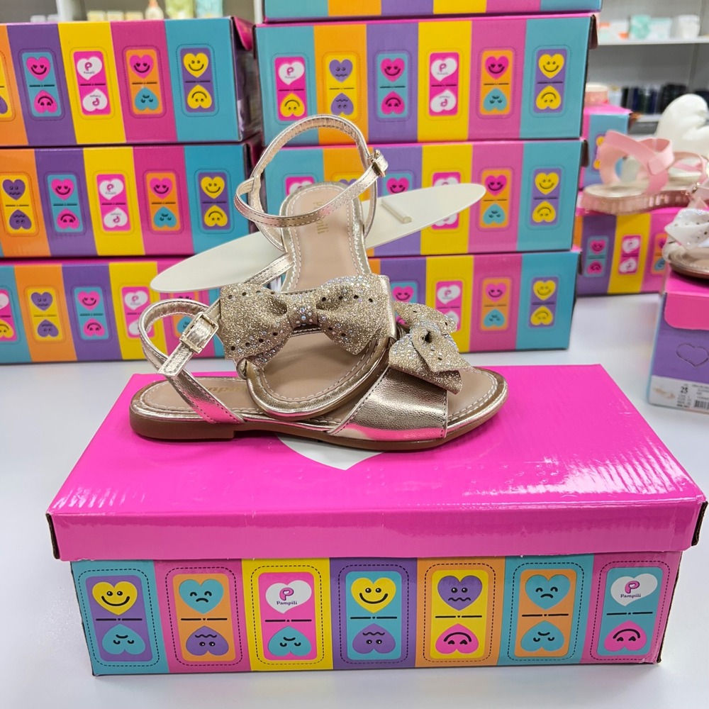 Pampili Girls Metallic Gold Glitter Bow Rhinestone Sandals Size 12.5 Kids NEW